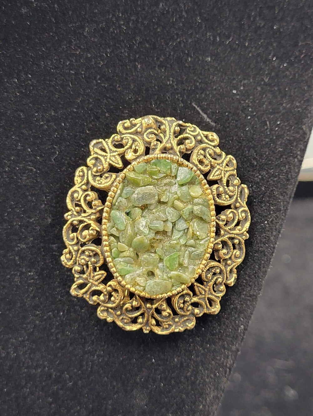 Vintage Gold-Tone Filigree Brooch with Green Stone Mosaic